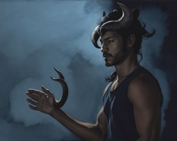 Young man with horns in mystical blue background