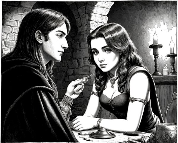 Medieval Couple in Dimly Lit Black and White Scene