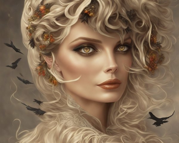 Portrait of a Woman with Curly Blonde Hair and Nature Elements