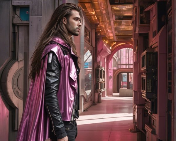 Young man in metallic pink cape in futuristic corridor
