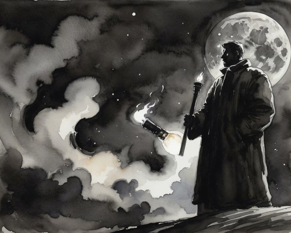 Lone Figure Under Dramatic Night Sky with Full Moon