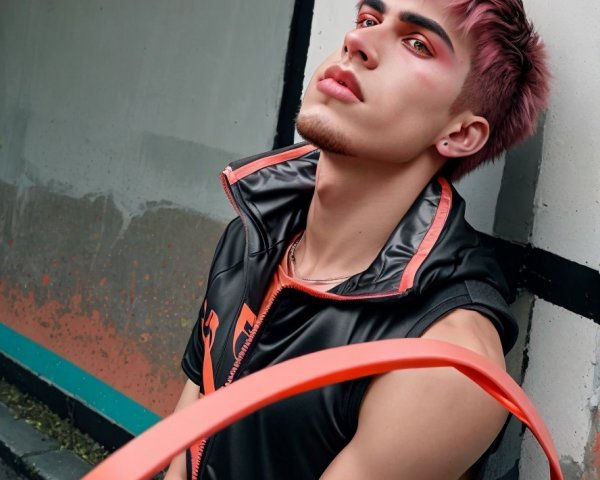 Young man with pink hair against a colorful wall