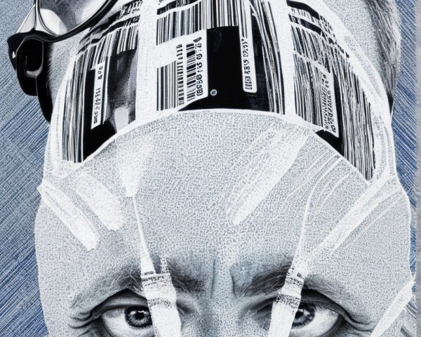 Stylized portrait of a man with barcode design
