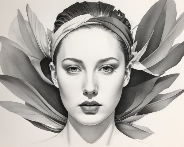 Monochromatic Portrait of a Young Woman with Leaves