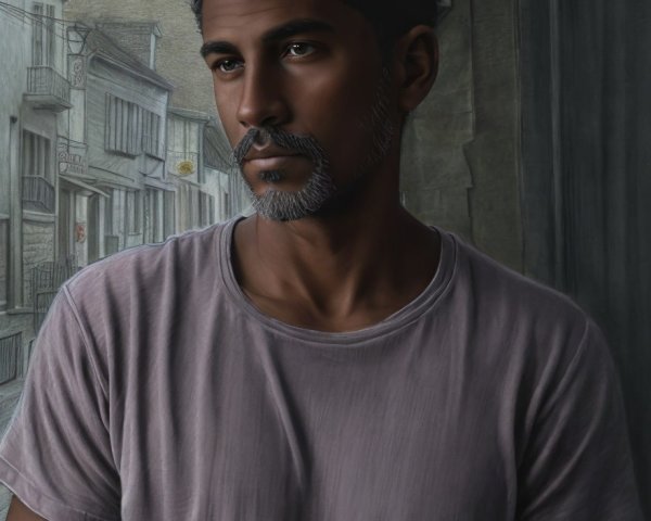 Thoughtful Man in Light T-Shirt Against Urban Backdrop