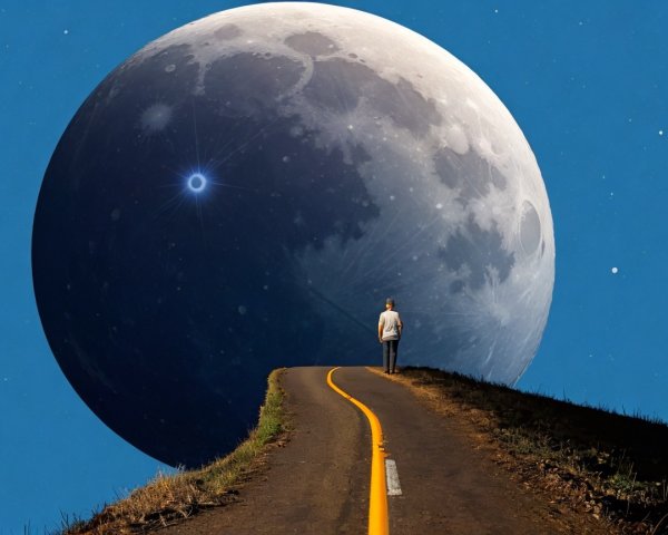 Lone Figure on Winding Road Under Luminous Moon