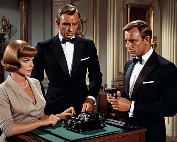 Female spy in beige dress with men in tuxedos