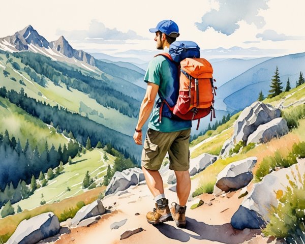 Watercolor Painting of a Hiker in Mountain Landscape