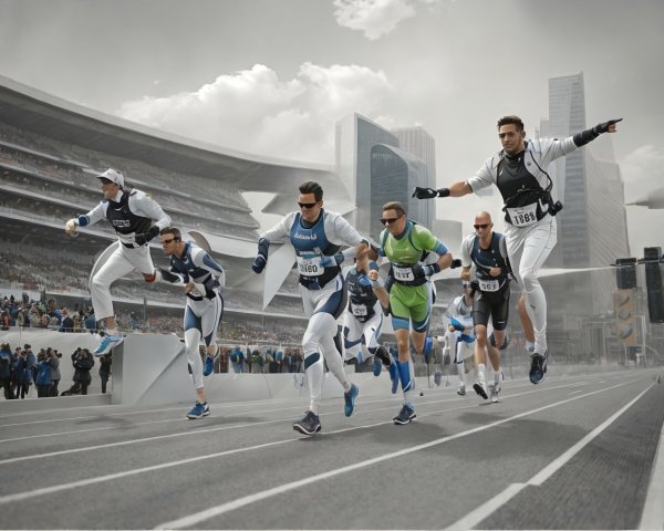 Male Athletes Racing in Futuristic Suits at Stadium