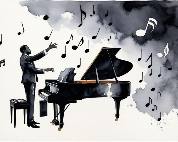 Musician at Grand Piano with Swirling Musical Notes