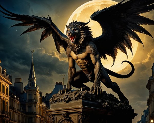Griffin Statue in Moonlit Cityscape with Old-World Charm