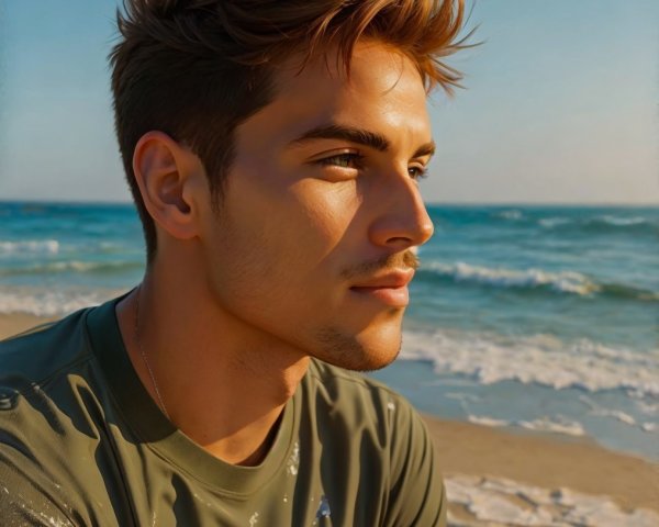 Young man in thoughtful pose at serene beach scene