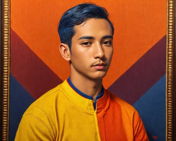 Young man with blue hair in vibrant jacket design