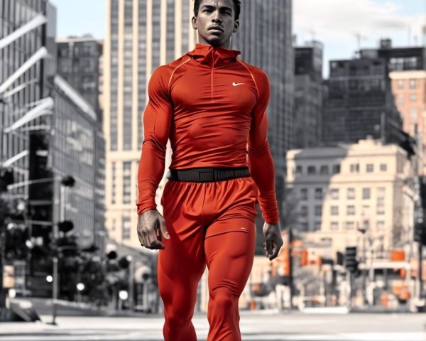 Muscular Figure in Red Athletic Suit on Urban Street