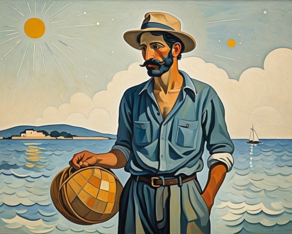 Rugged Man by the Sea with Basket and Sailboat