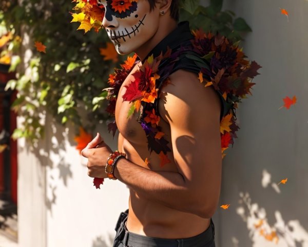 Vibrant Figure with Skull Face Paint and Autumn Leaves