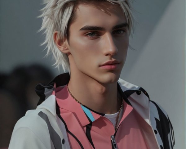 Young man with platinum blonde hair in pink jacket