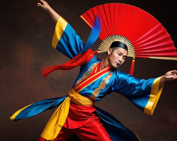 Vibrant Traditional Outfit with Ornate Red Fan