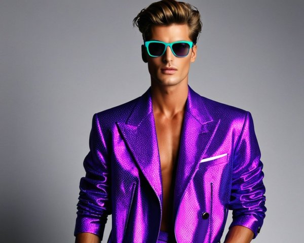 Fashion Model in Shiny Purple Blazer and Turquoise Sunglasses