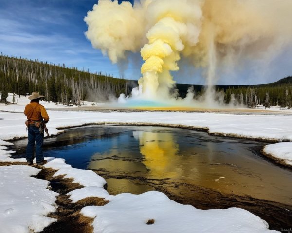 Lone Figure by Hot Spring in Yellowstone's Winter Landscape