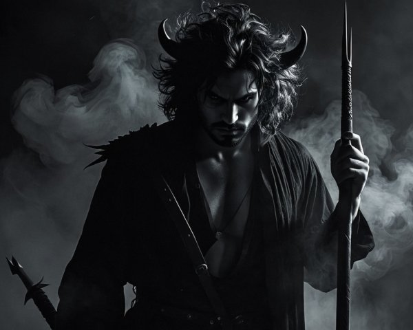 Monochromatic Depiction of a Horned Warrior Figure