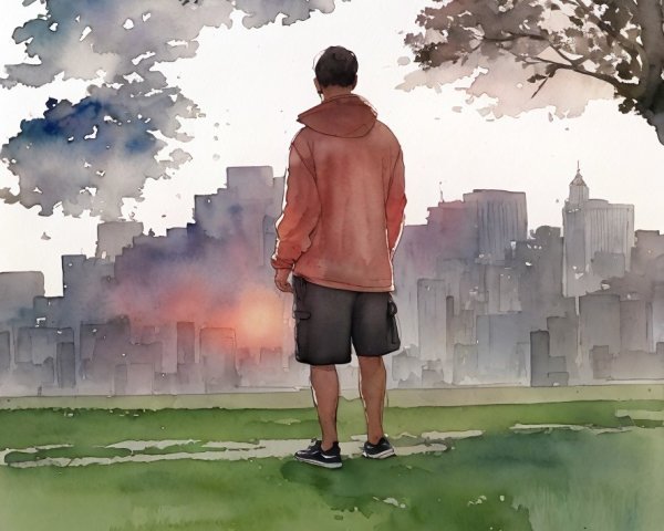 Watercolor Painting of Man Viewing Cityscape at Dusk