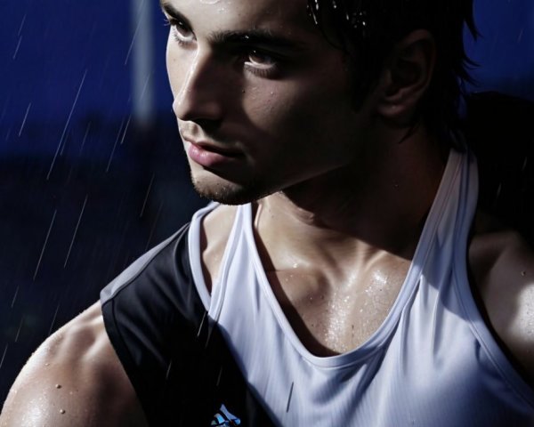 Young man in close-up during rainstorm with backpack