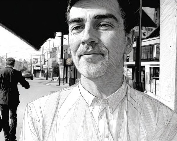 Man with serene expression in urban outdoor setting