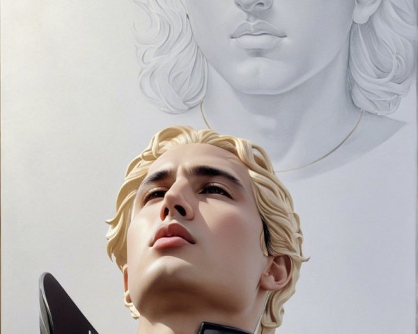 Blonde Figure with Sculpted Monochrome Portrait