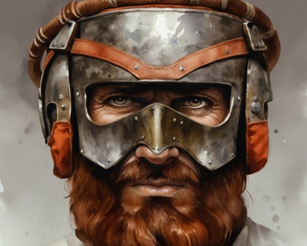 Close-up of a warrior with a metallic helmet and beard