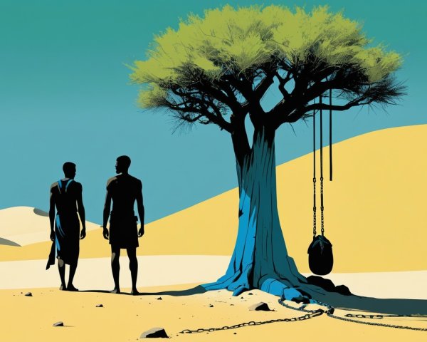Surreal Desert Scene with Silhouetted Figures and Tree