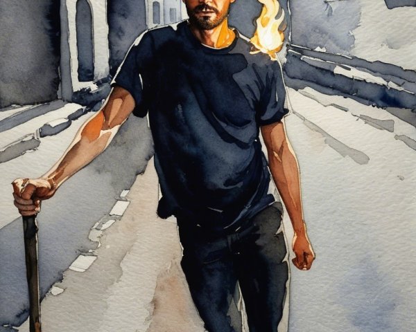 Solitary figure on a dimly lit street at night