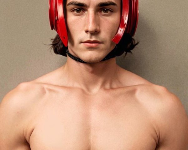 Young Male Model in Red Wrestling Helmet and Bare Torso