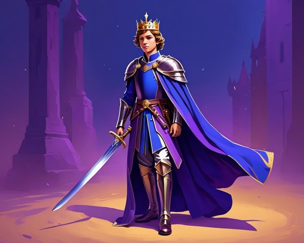 Regal Youthful King in Blue and Gold Attire