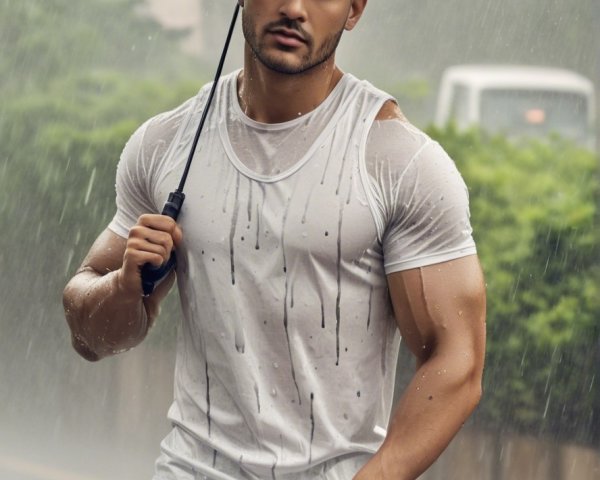 Muscular Man in Rainstorm with Dark Umbrella