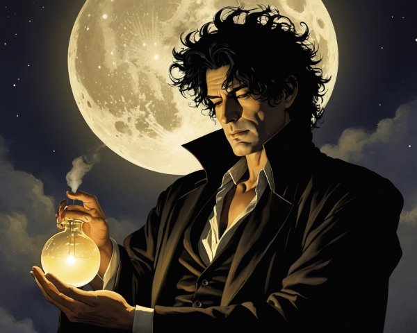 Brooding Figure in Gothic Setting Under Full Moon