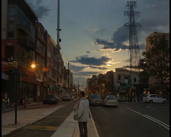 Man on Sidewalk with Sunset and Cityscape Background