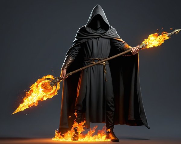 Cloaked figure with flaming spear and dark robe