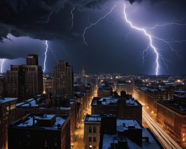 Dramatic City Skyline Under Stormy Night Sky