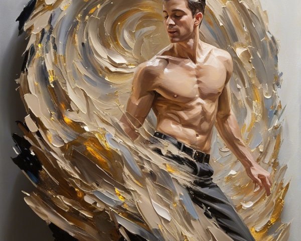 Muscular Figure in Gold and Beige Abstract Vortex