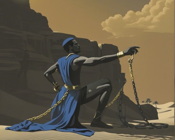 Kneeling Figure in Desert with Blue Drapery and Chains