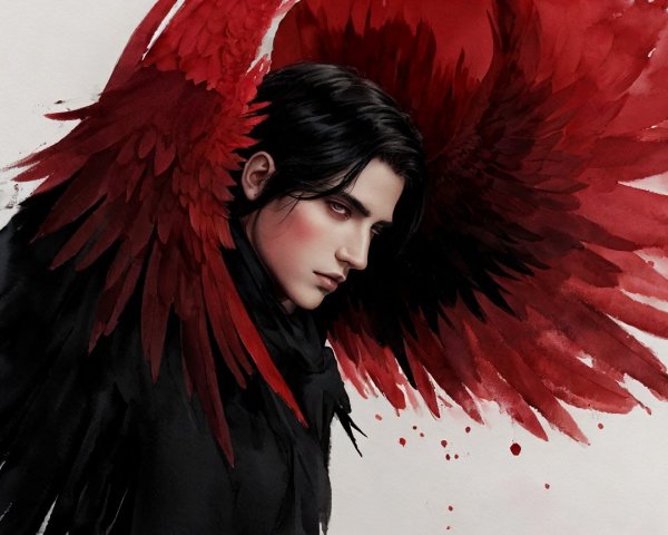 Striking figure with dark hair and feathered wings