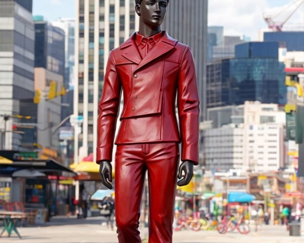 Mannequin in Red Suit Against Urban Backdrop