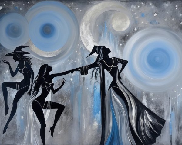 Silhouetted Figures in a Starry Mystical Scene
