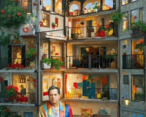 Vibrant Courtyard with Colorful Mosaics and Greenery