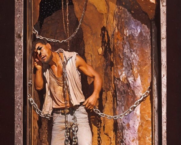 Man in Chains in Dimly Lit Rocky Environment
