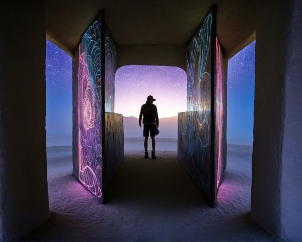 Lone Figure Between Two Illuminated Doors in Landscape