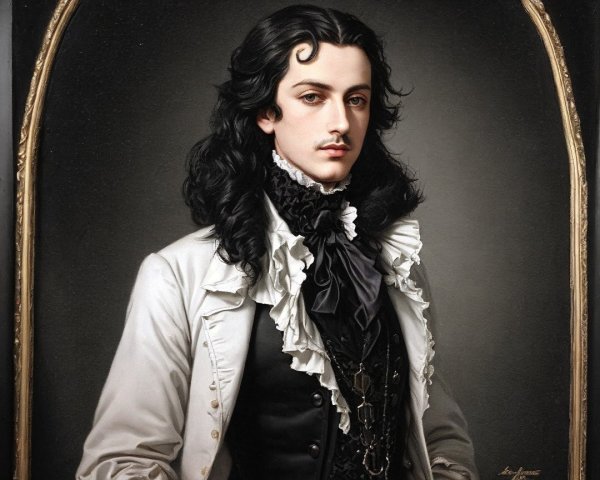 Young man in elegant coat with ornate backdrop