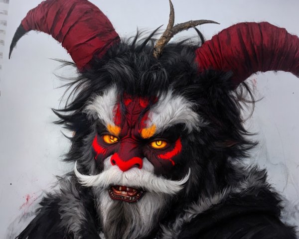 Fantastical character with red horns and yellow eyes