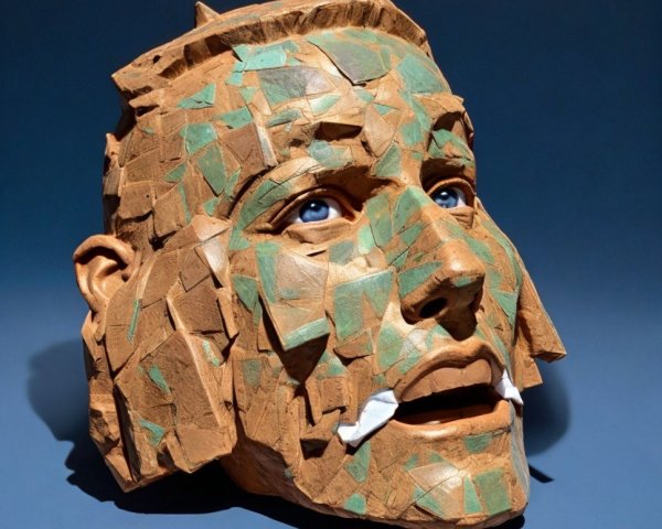 Fragmented Terracotta and Turquoise Face Sculpture